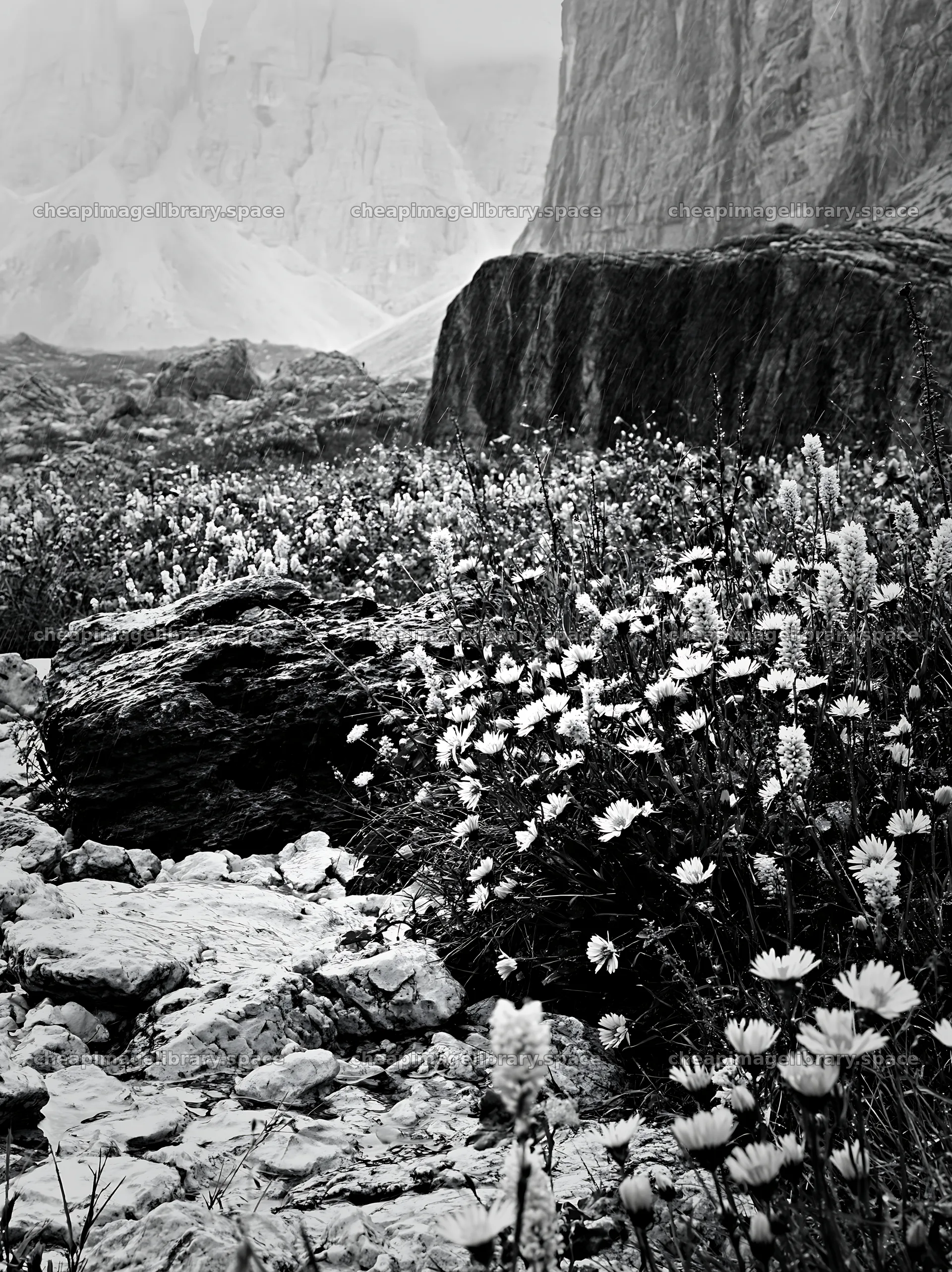 Climate-resilient meadow with rocks and flowers in natural setting – image library 6866x9174