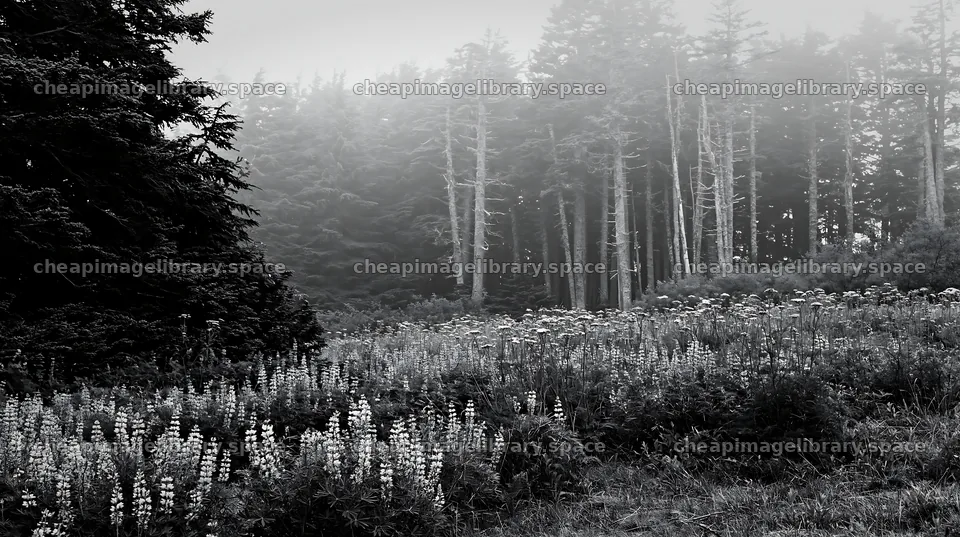 Misty forest meadow with wildflowers and tall trees – image library 10608x5938
