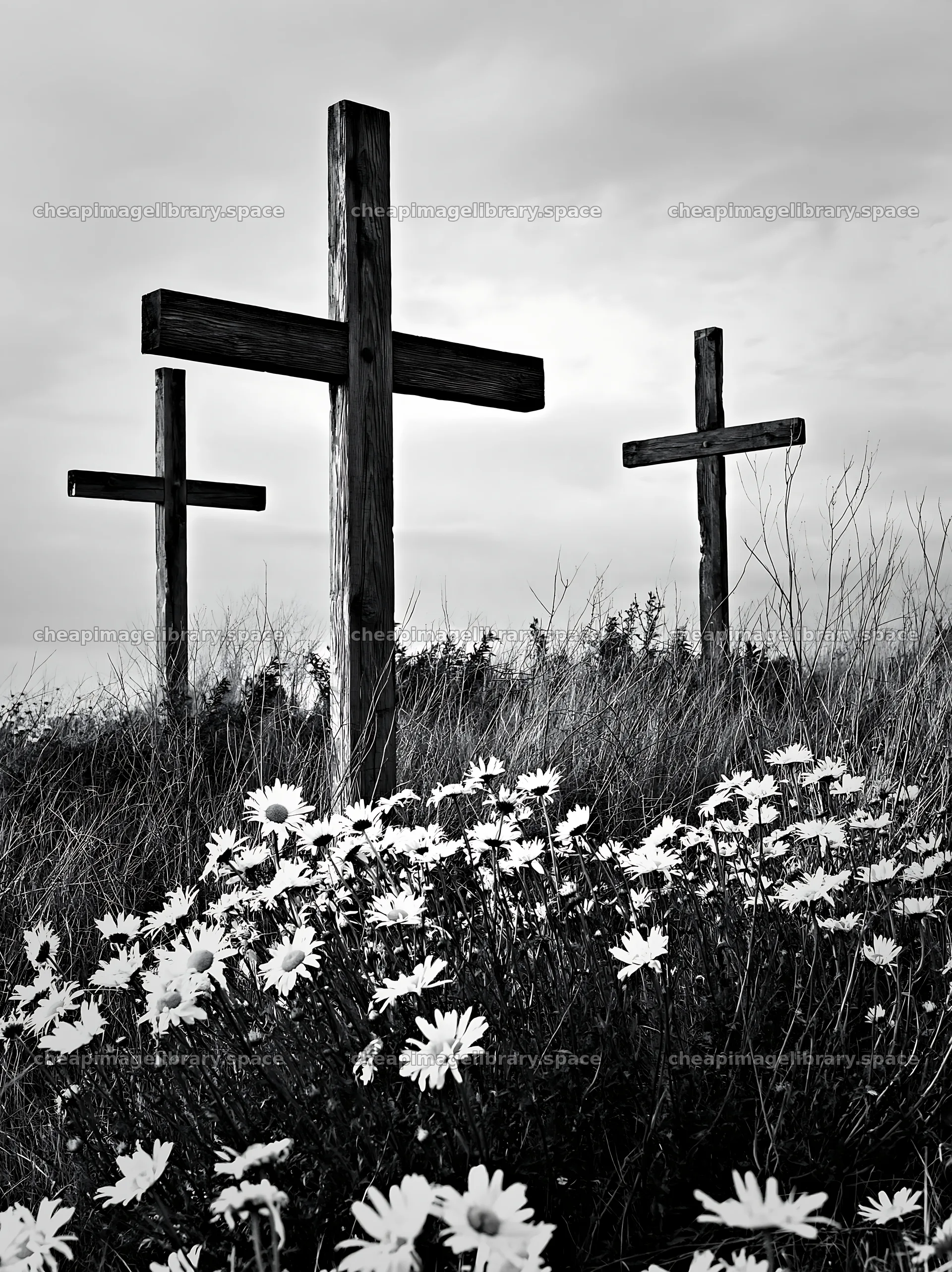 Three Christian crosses in a meadow with flowers – image library 6866x9174