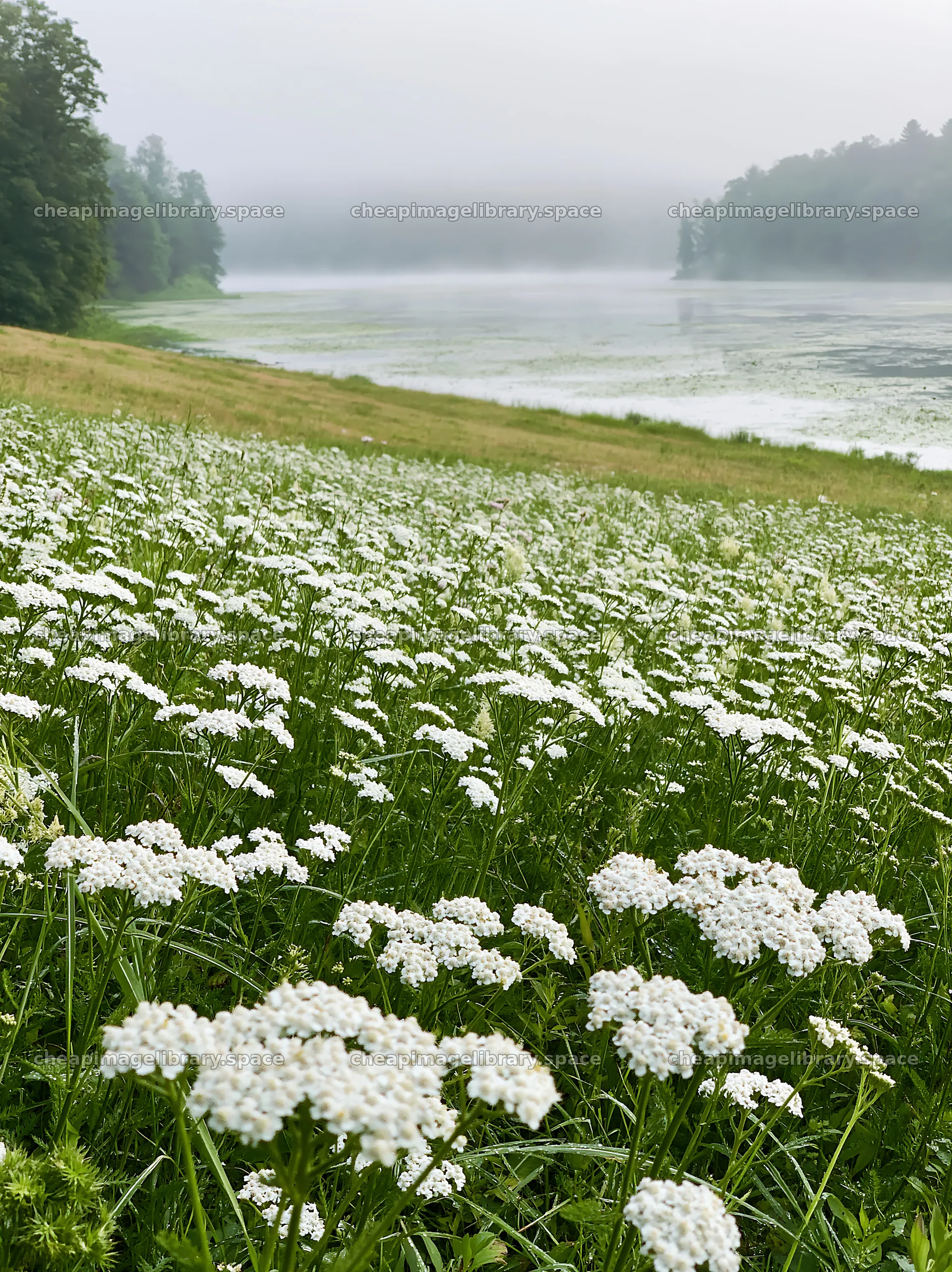 Sunny white umbel meadow near misty lake – image library 6866x9174
