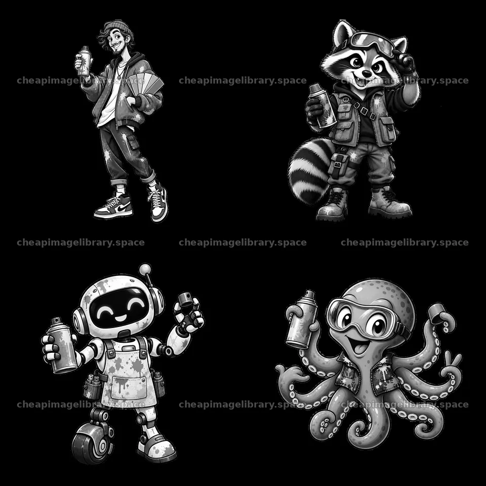 Cartoon graffiti sprayers with various characters in monochrome – image library 7746x7746