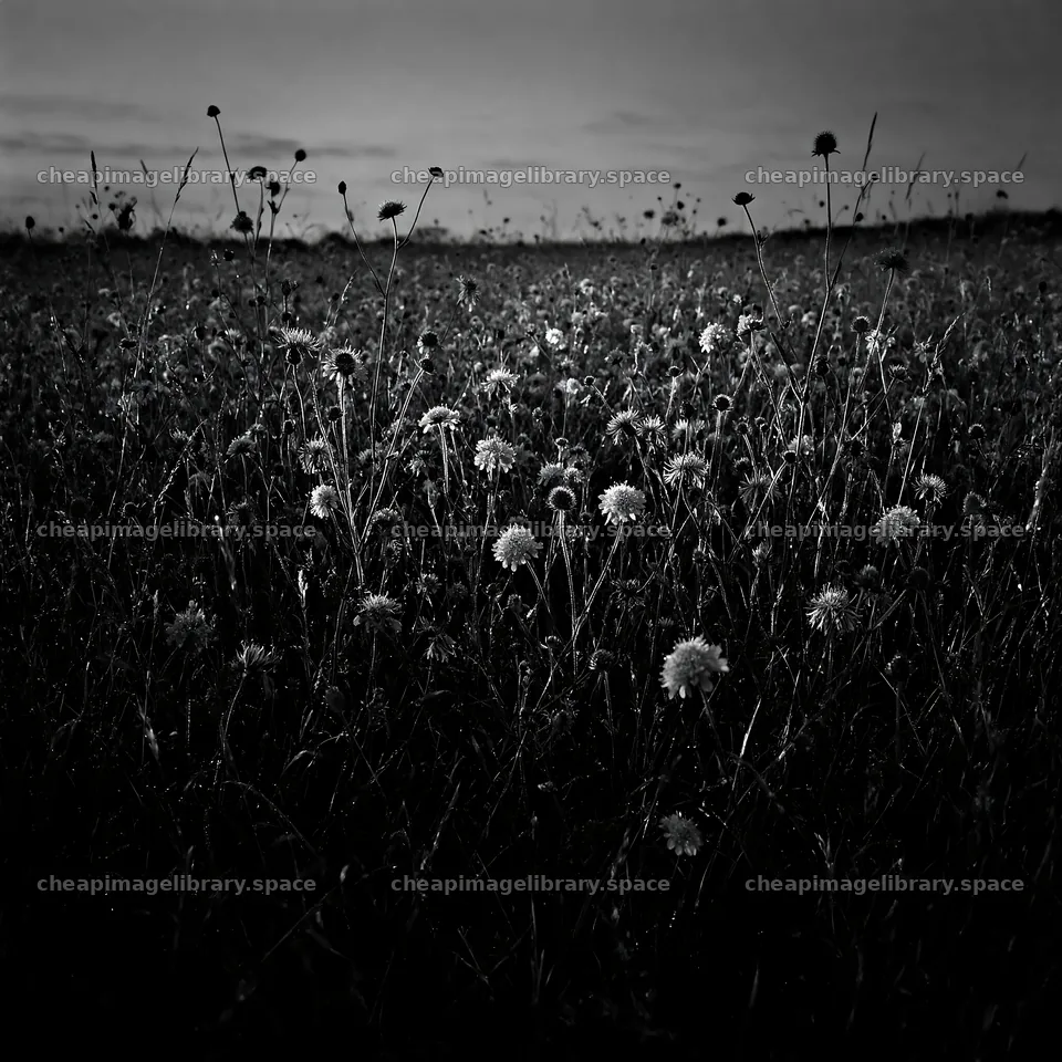 Rewilded meadow filled with wildflowers under a twilight sky – image library 7938x7938