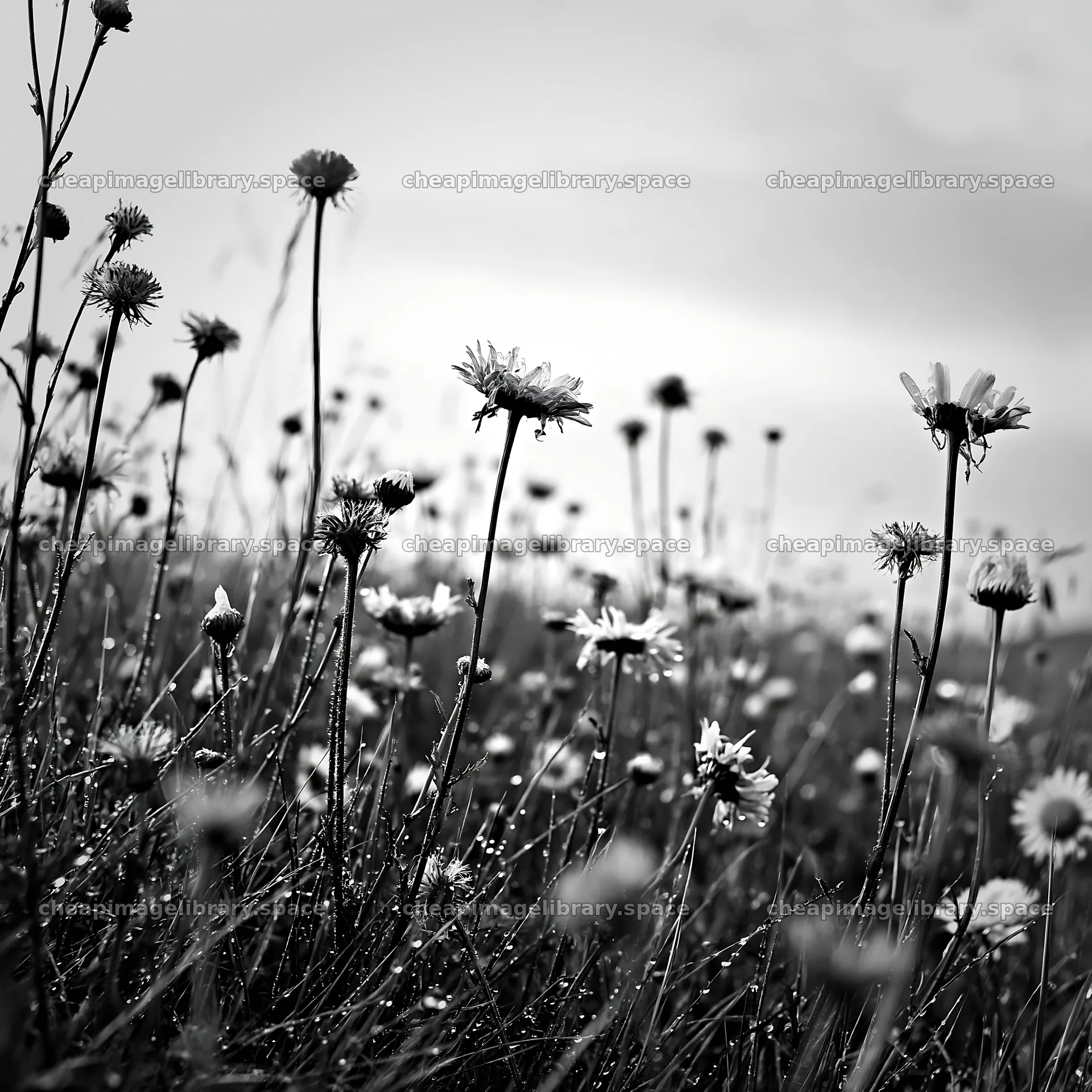Seedhead meadow with flowering plants in black and white – image library 7938x7938