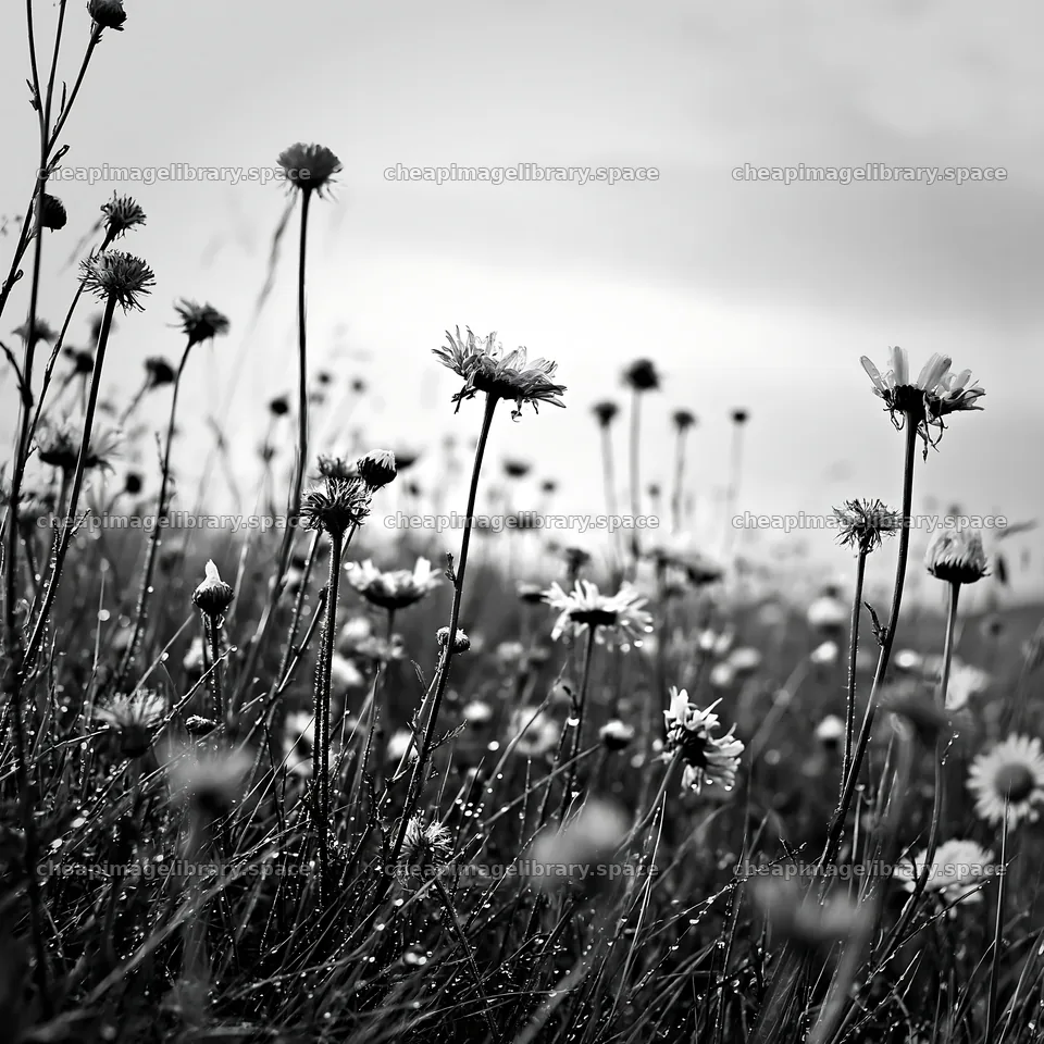 Seedhead meadow with flowering plants in black and white – image library 7938x7938