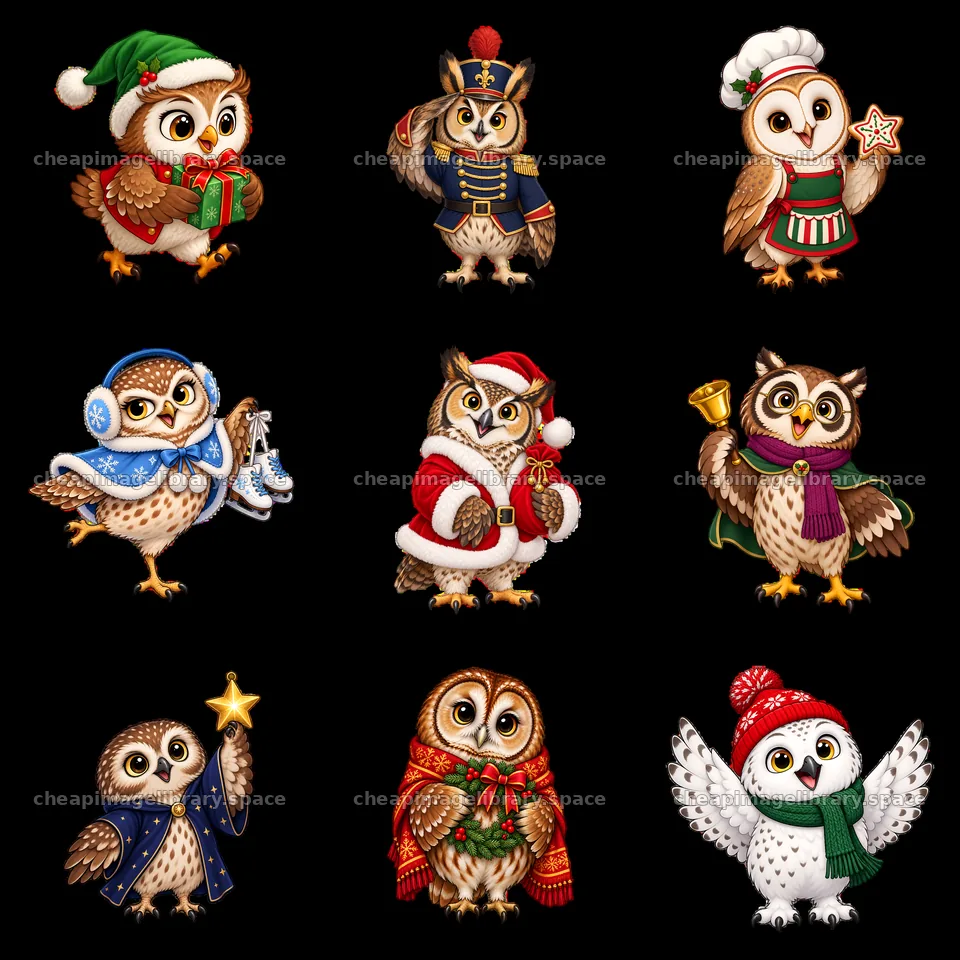 Festive Christmas owls dressed up for celebration – image library 7746x7746