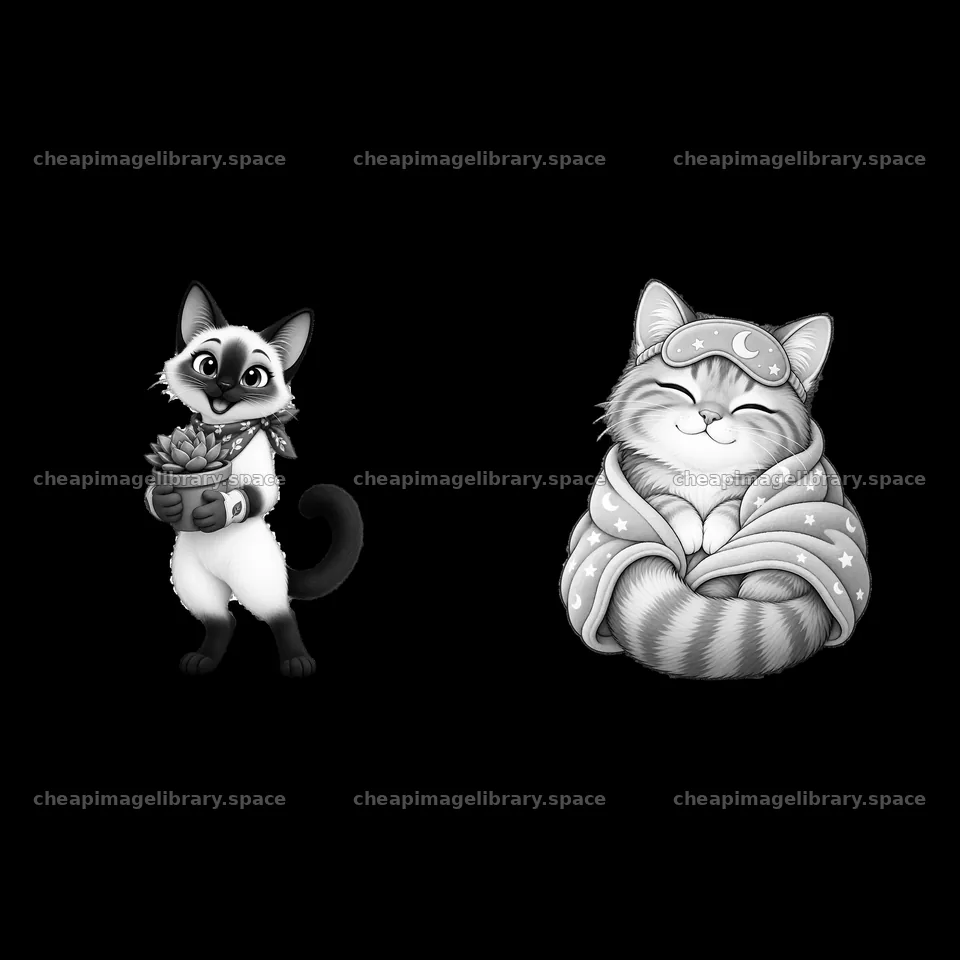 Cat characters holding plants and wearing blankets – image library 7746x7746