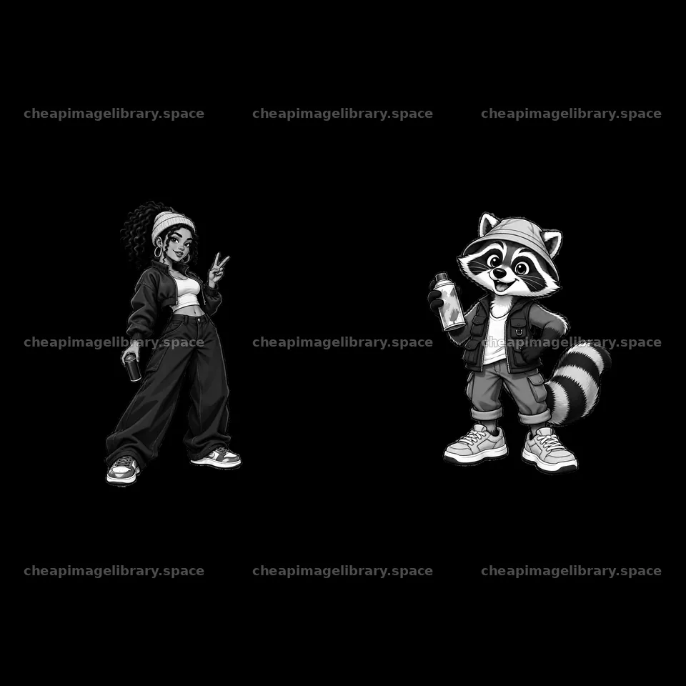 Cool graffiti sprayer duo with girl and raccoon character – image library 7746x7746