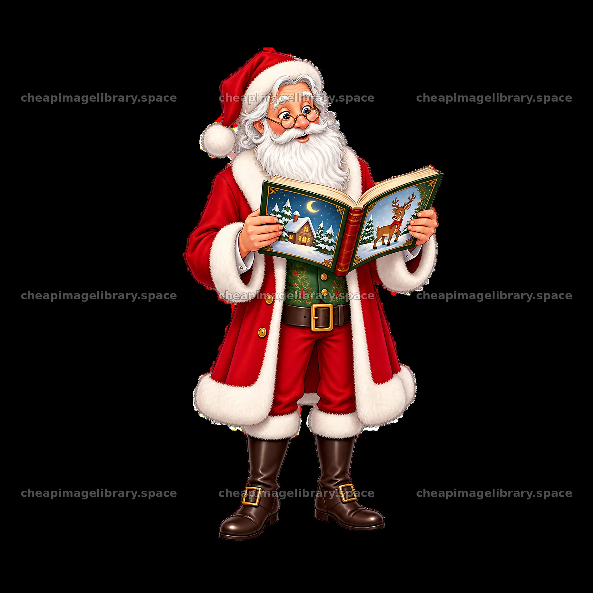 Santa Claus reading a book with winter scene and reindeer – image library 7746x7746