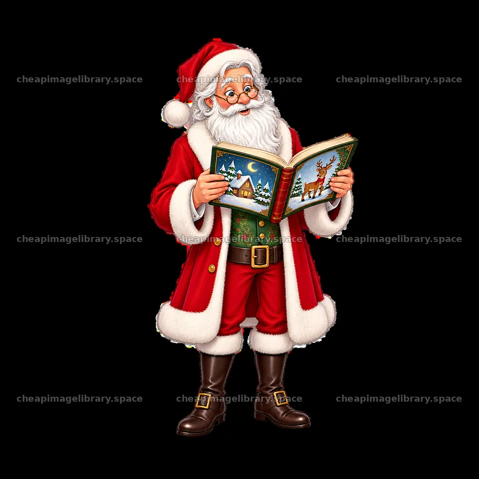 Santa Claus reading a book with winter scene and reindeer – image library 7746x7746