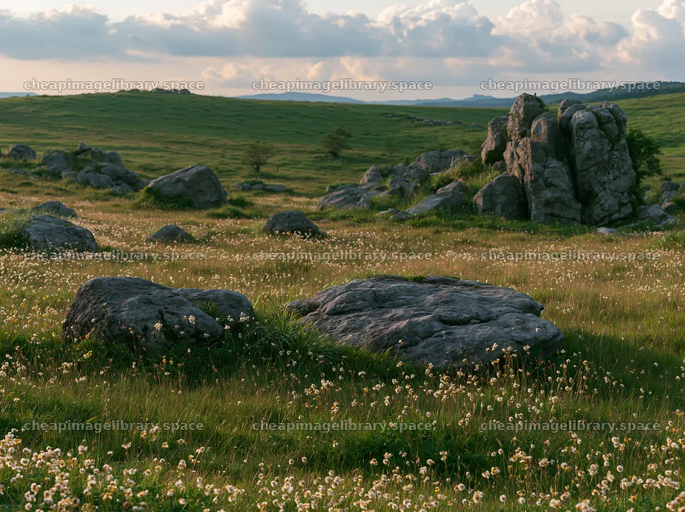 Oita highland meadow with granite stones and wildflowers – image library 9174x6866