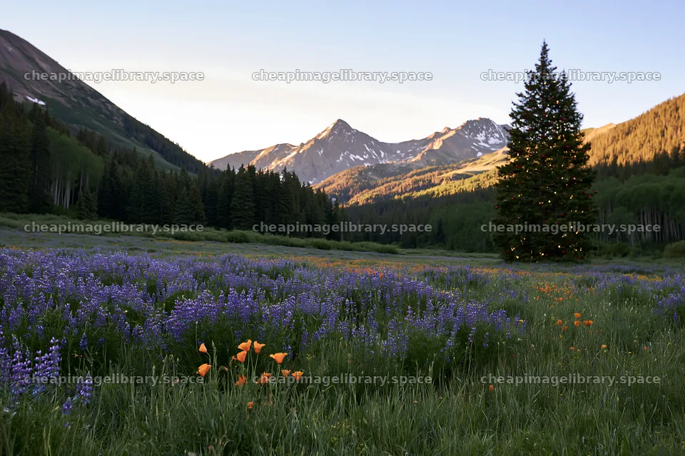 Christmas tree in mountain valley with flowers at sunset – image library 9722x6480