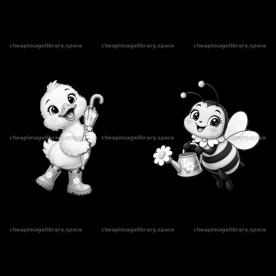 Duckling and bee character watering flowers for Easter celebration – image library 7746x7746