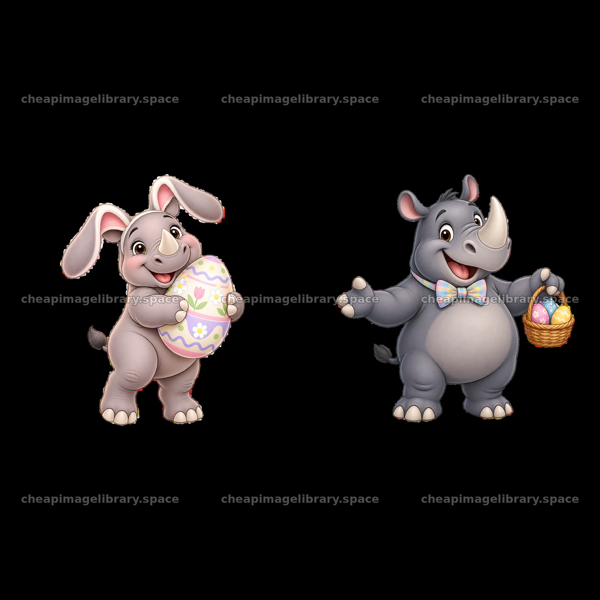 Easter rhinoceros and rabbit holding Easter eggs and basket – image library 7746x7746