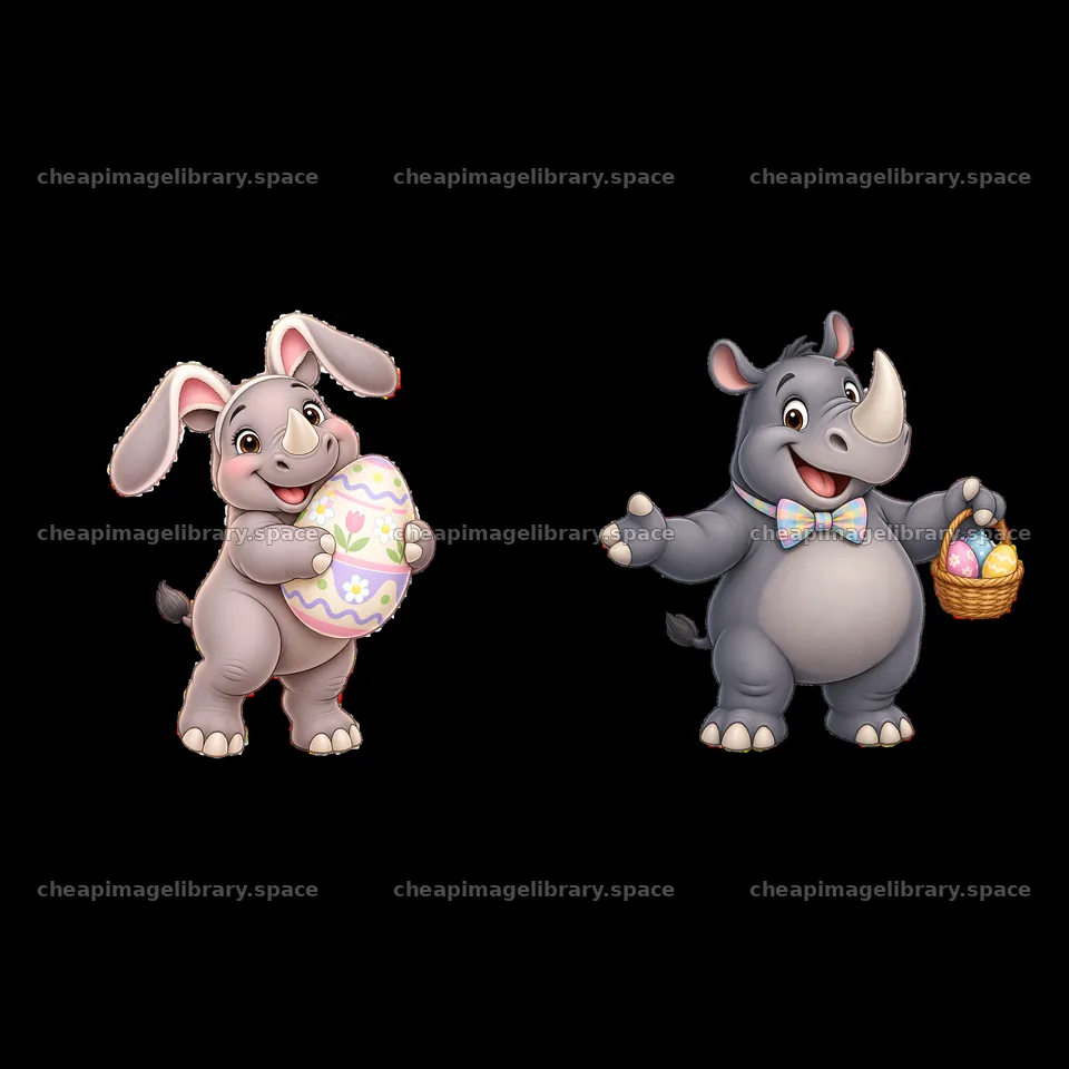 Easter rhinoceros and rabbit holding Easter eggs and basket – image library 7746x7746