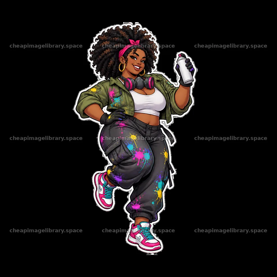 Sexy female graffiti sprayer with paint can and colorful attire – image library 7746x7746