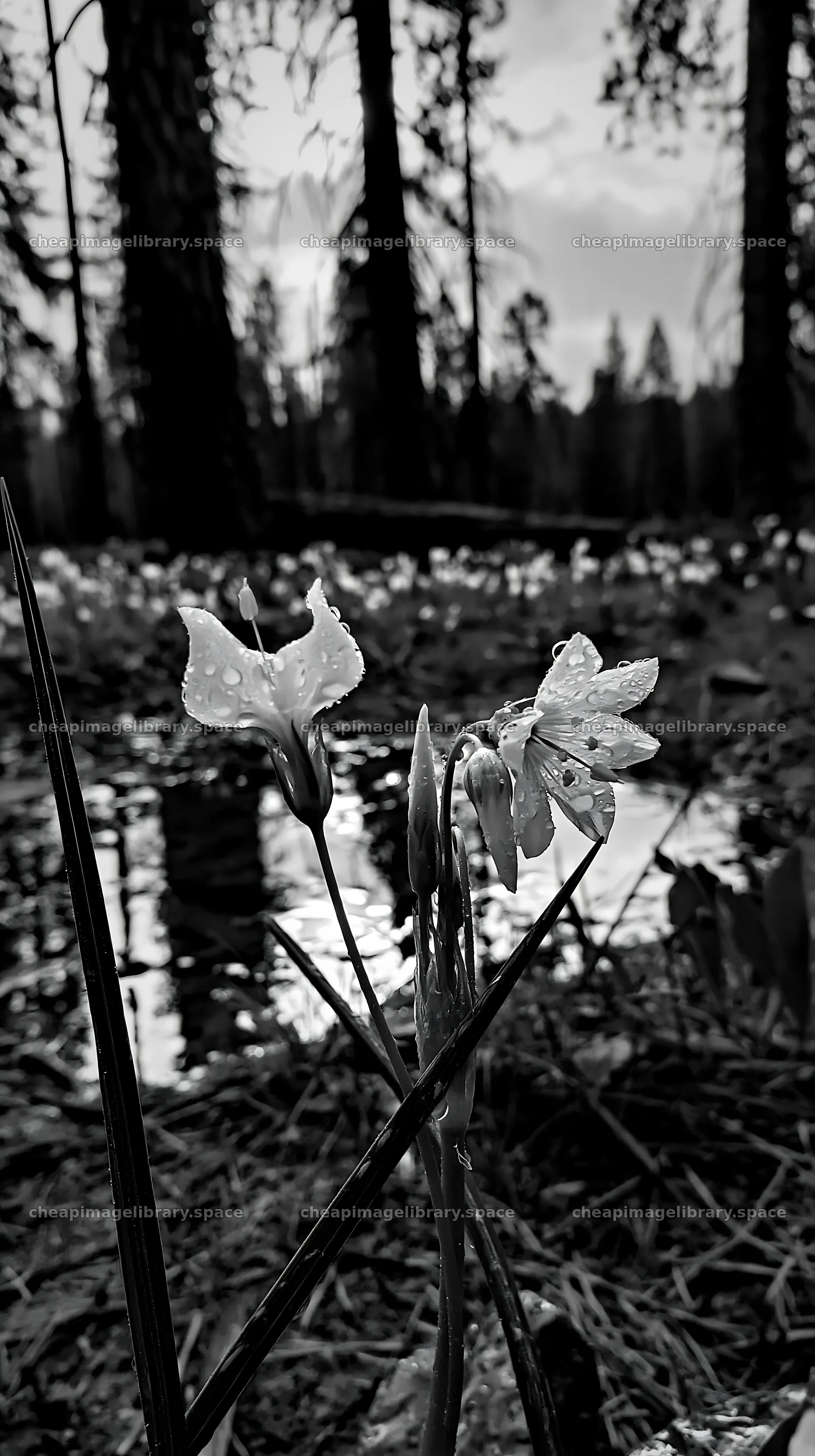 Flowers in a pine forest meadow with water droplets – image library 5938x10608