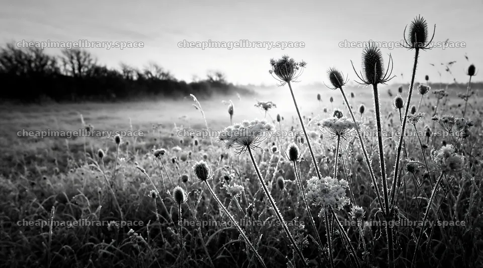 Seedhead meadow with frost and sunrise in a rural landscape – image library 10648x5916
