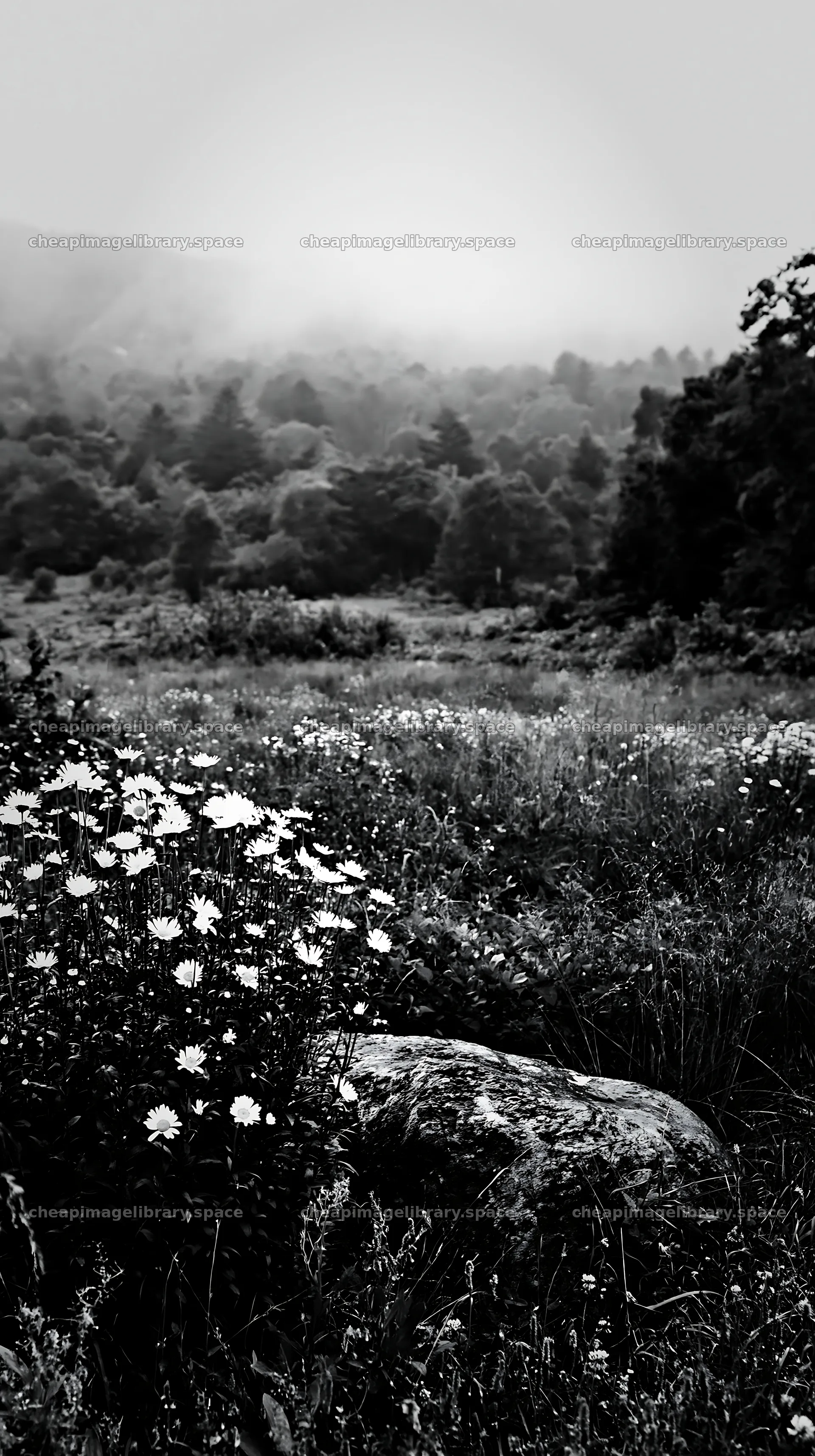 Aomori climate resilient meadow with boulder in natural setting – image library 5938x10608