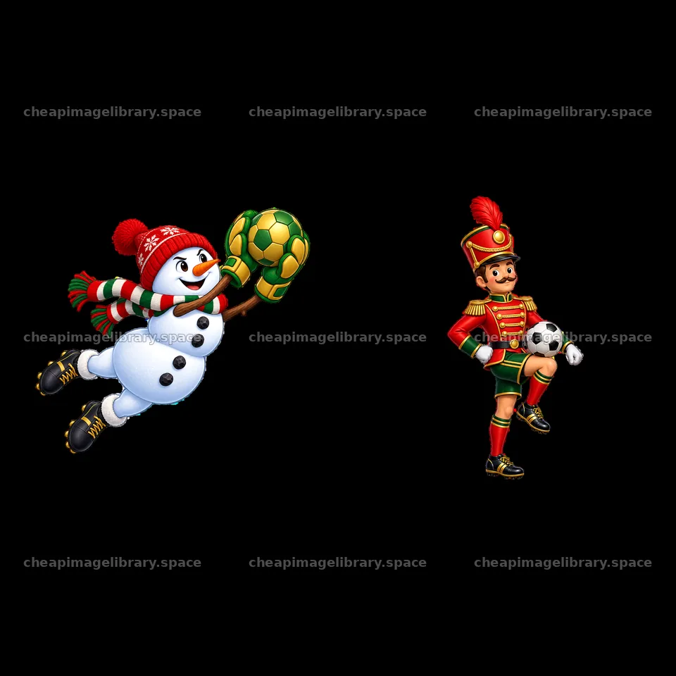 Snowman goalkeeper catches soccer ball with toy soldier player – image library 7746x7746