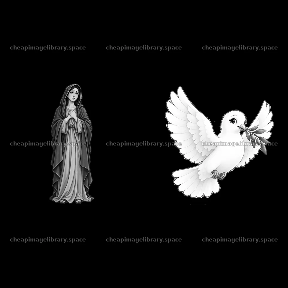 Mary praying and a dove holding an olive branch in black and white – image library 7746x7746