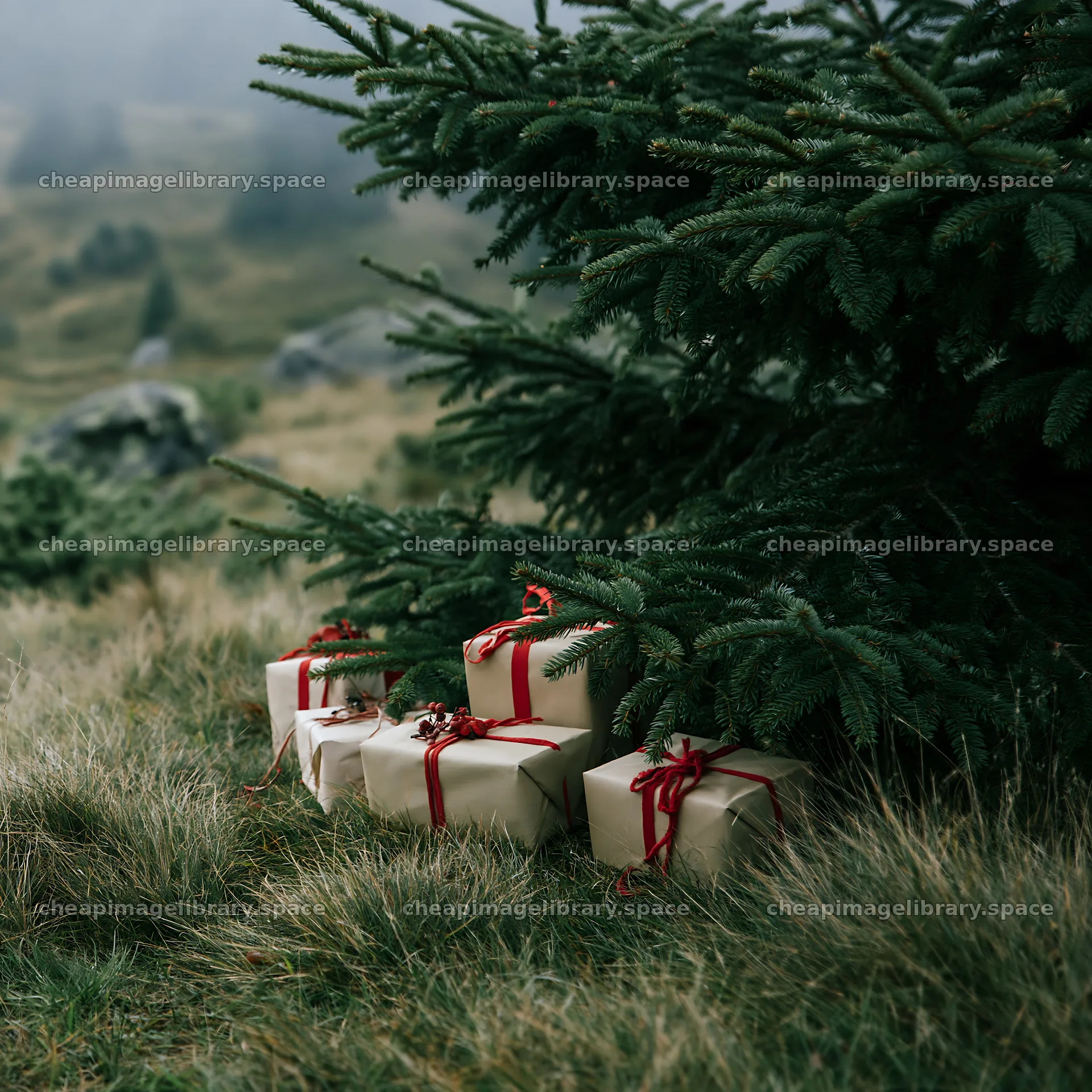 Gifts placed under an evergreen tree in a natural setting – image library 7938x7938