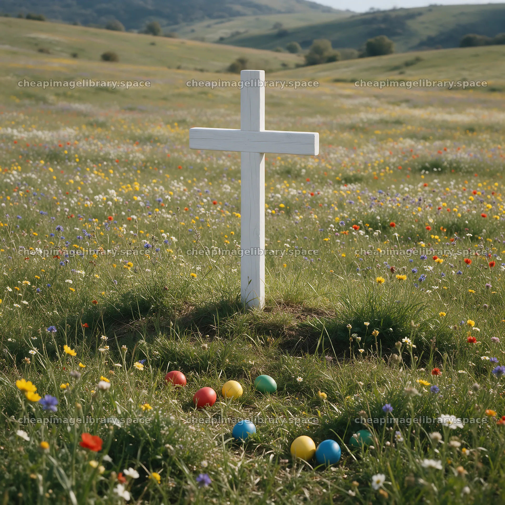 White Christian cross in wildflower meadow with colorful eggs – image library 7938x7938