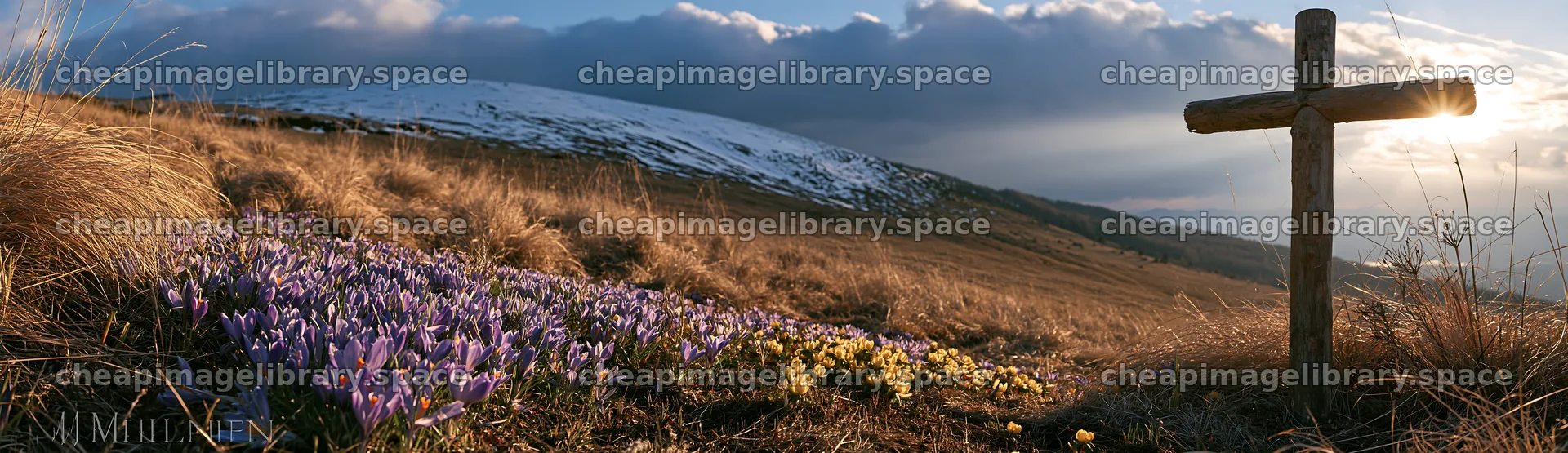Rustic Christian cross in winter meadow with flowers – image library 14762x4268