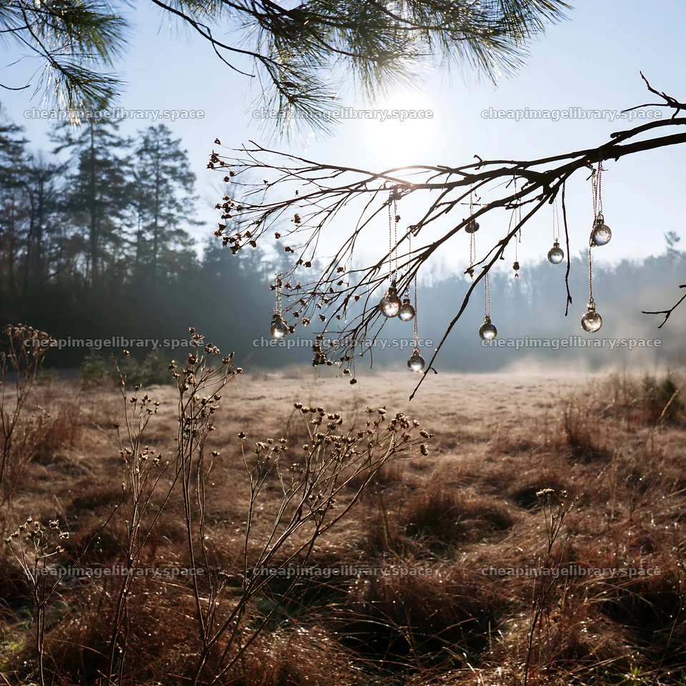 Expansive Christmas meadow in autumn with baubles on branches – image library 7938x7938