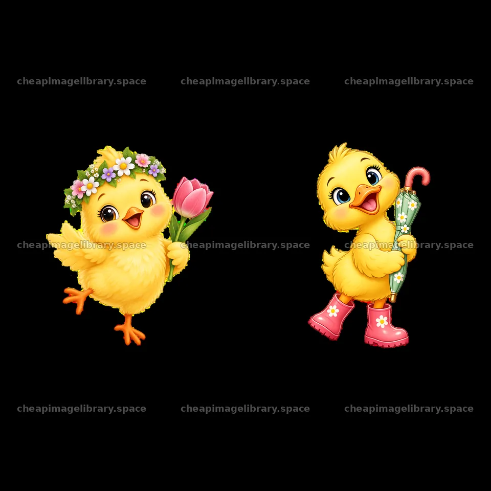 Cute chicks with flowers and umbrella in Easter meadow – image library 7746x7746