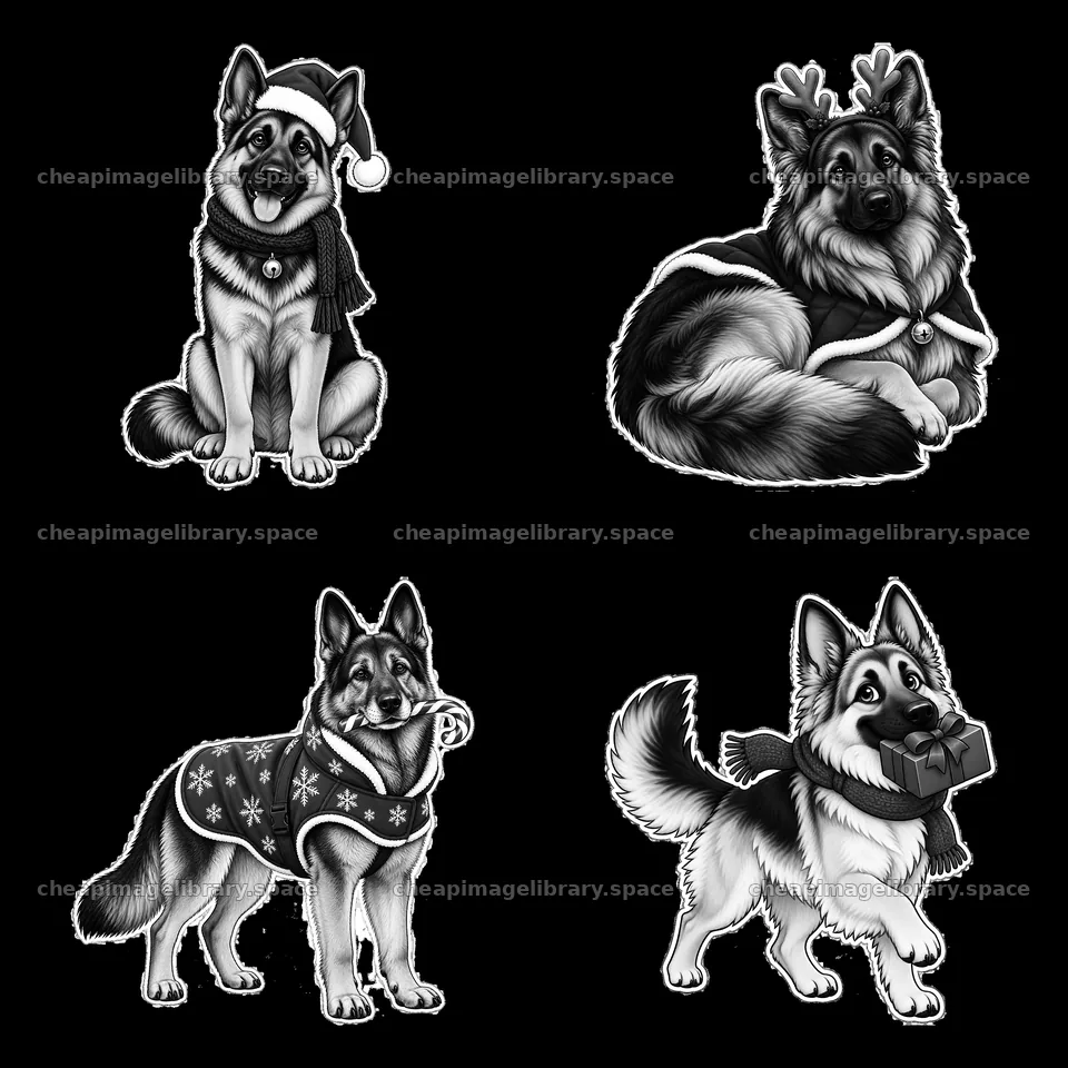 Christmas German Shepherd cartoon stickers in black and white – image library 7746x7746