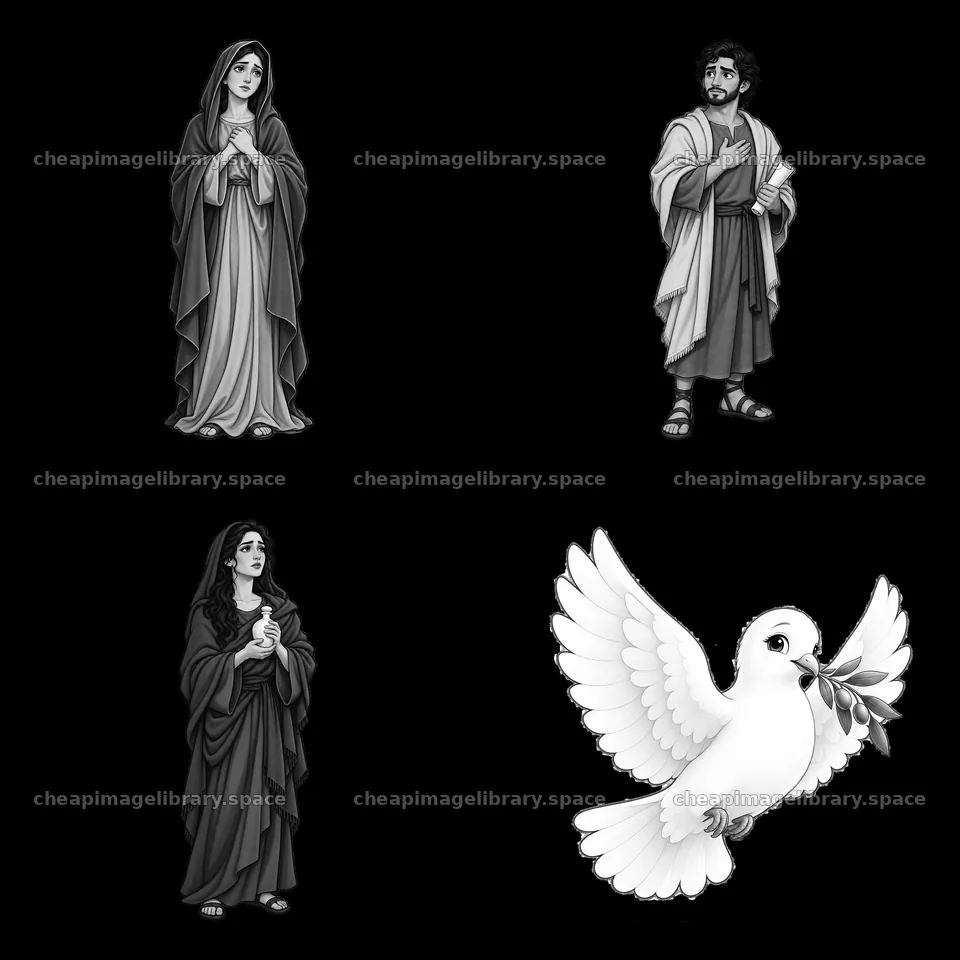 Jesus on the cross with Mary, John, and a dove in monochrome – image library 7746x7746
