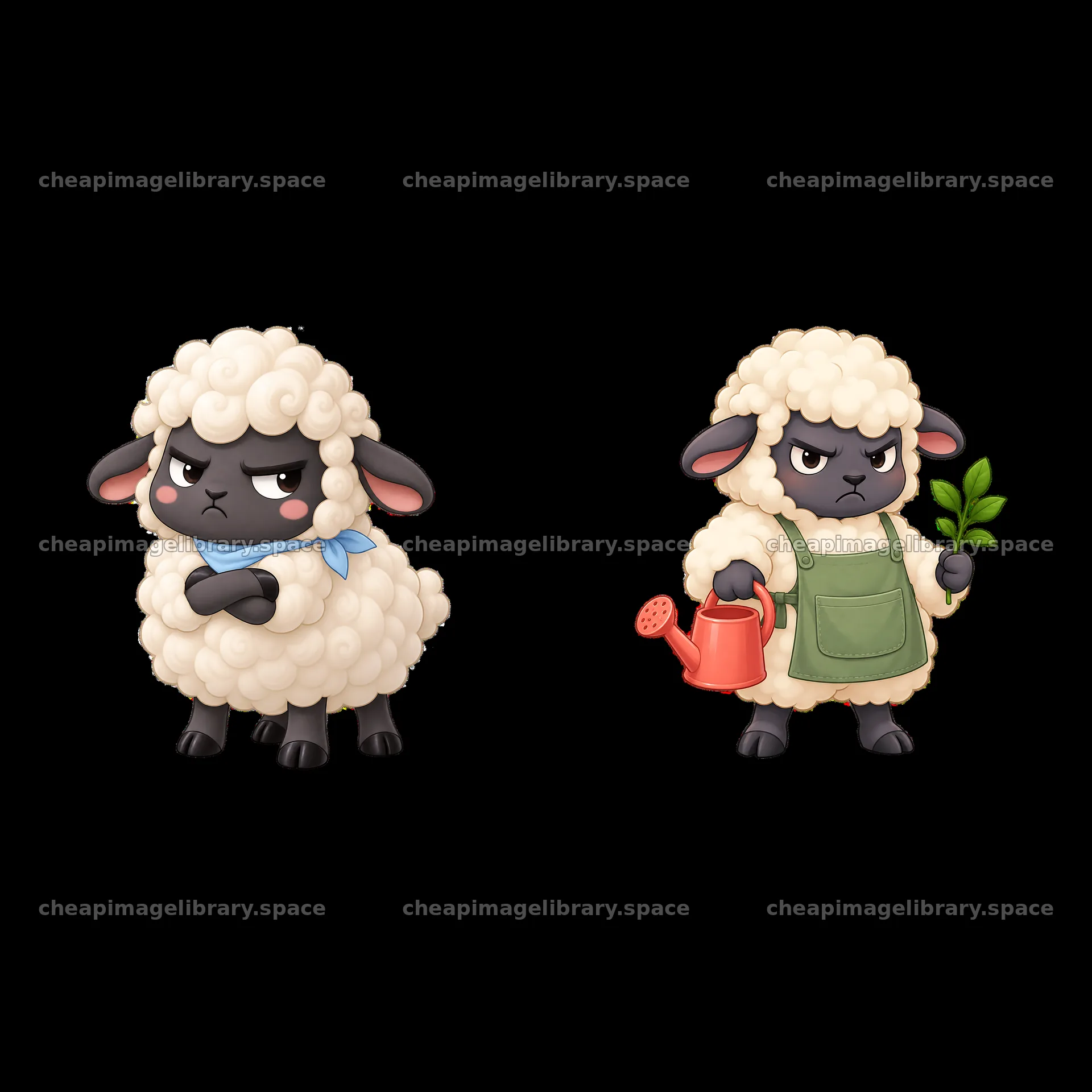 Kawaii grumpy sheep with gardening tools in a cartoon style – image library 7746x7746