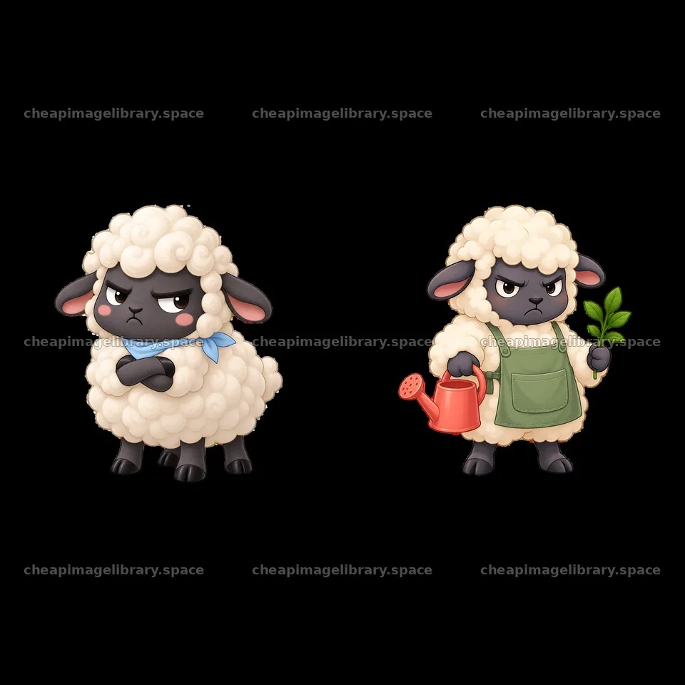 Kawaii grumpy sheep with gardening tools in a cartoon style – image library 7746x7746