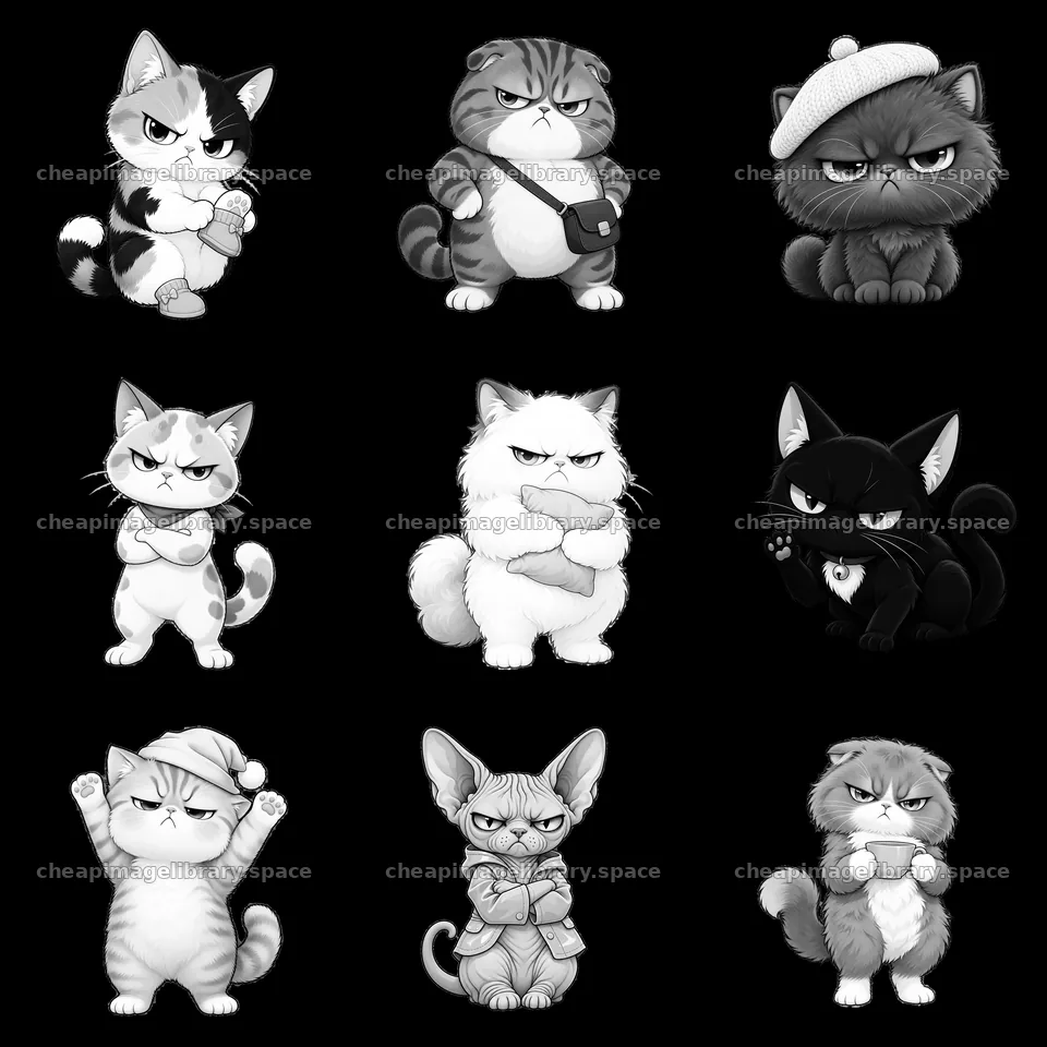Kawaii grumpy cat stickers in a 3x3 grid layout – image library 7746x7746