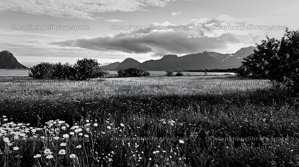 Apple tree meadow in Lofoten with lanterns and mountains – image library 10608x5938