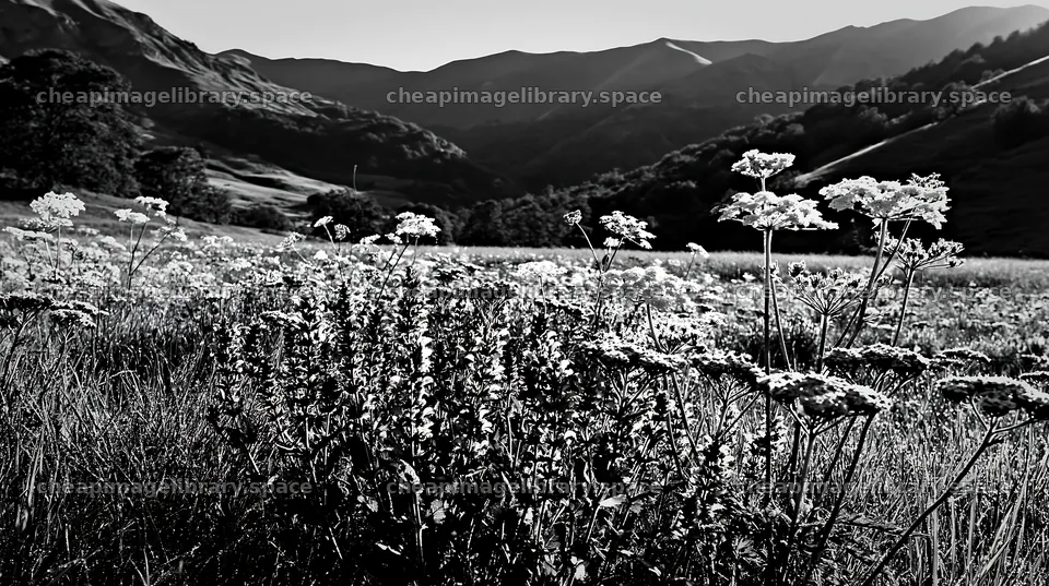Sunny umbel flower meadow in mountain landscape – image library 10608x5938