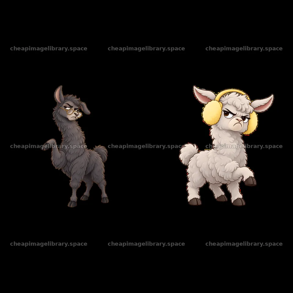 Grumpy llamas with headphones in a playful cartoon design – image library 7746x7746
