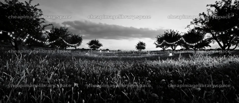 Vibrant Christmas lights glow at dusk in a meadow – image library 12094x5210
