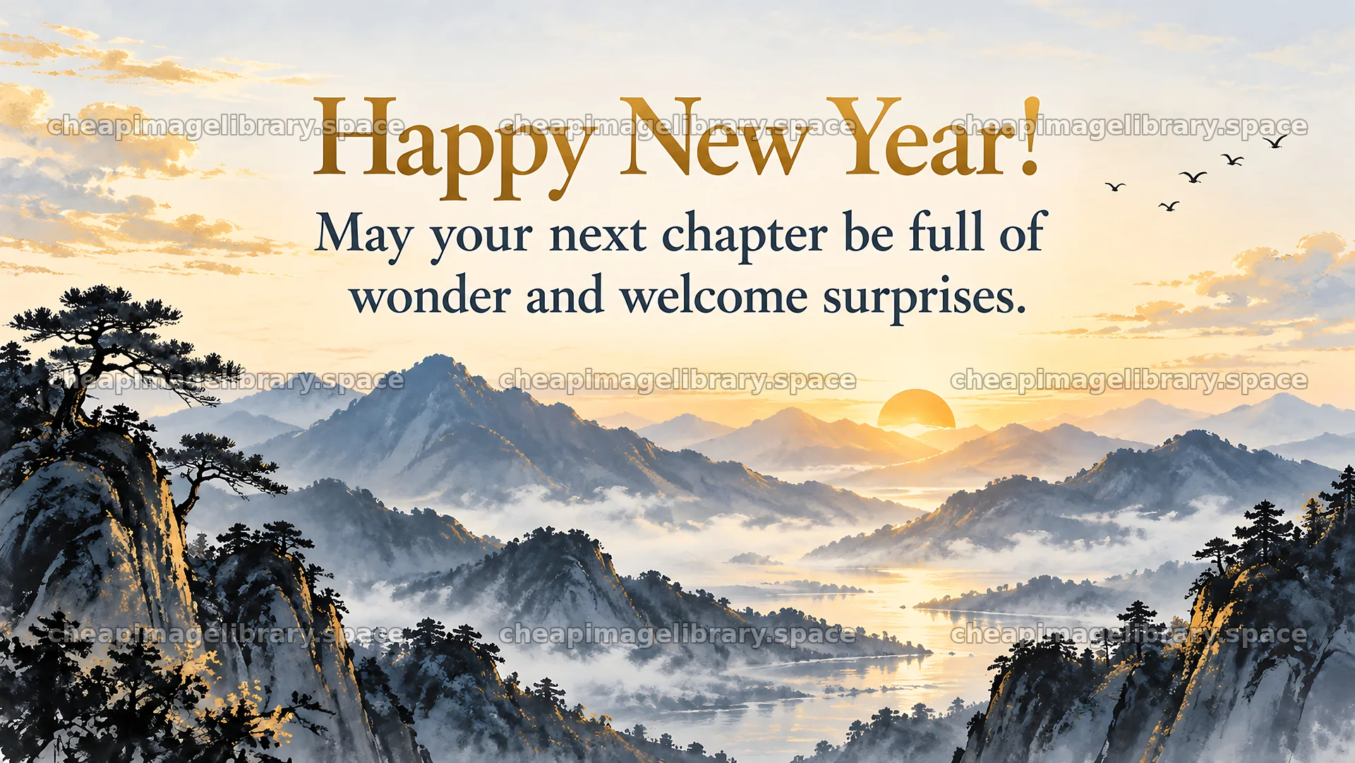 Happy New Year Greeting Over a Mountain Sunrise – image library 10324x5812