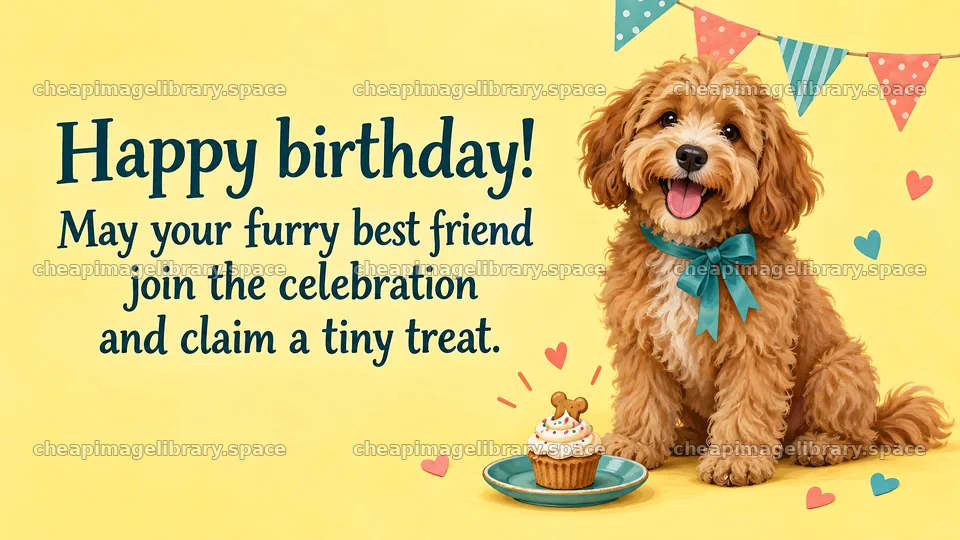 Birthday Greeting with a Curly Dog and Cupcake – image library 10324x5812