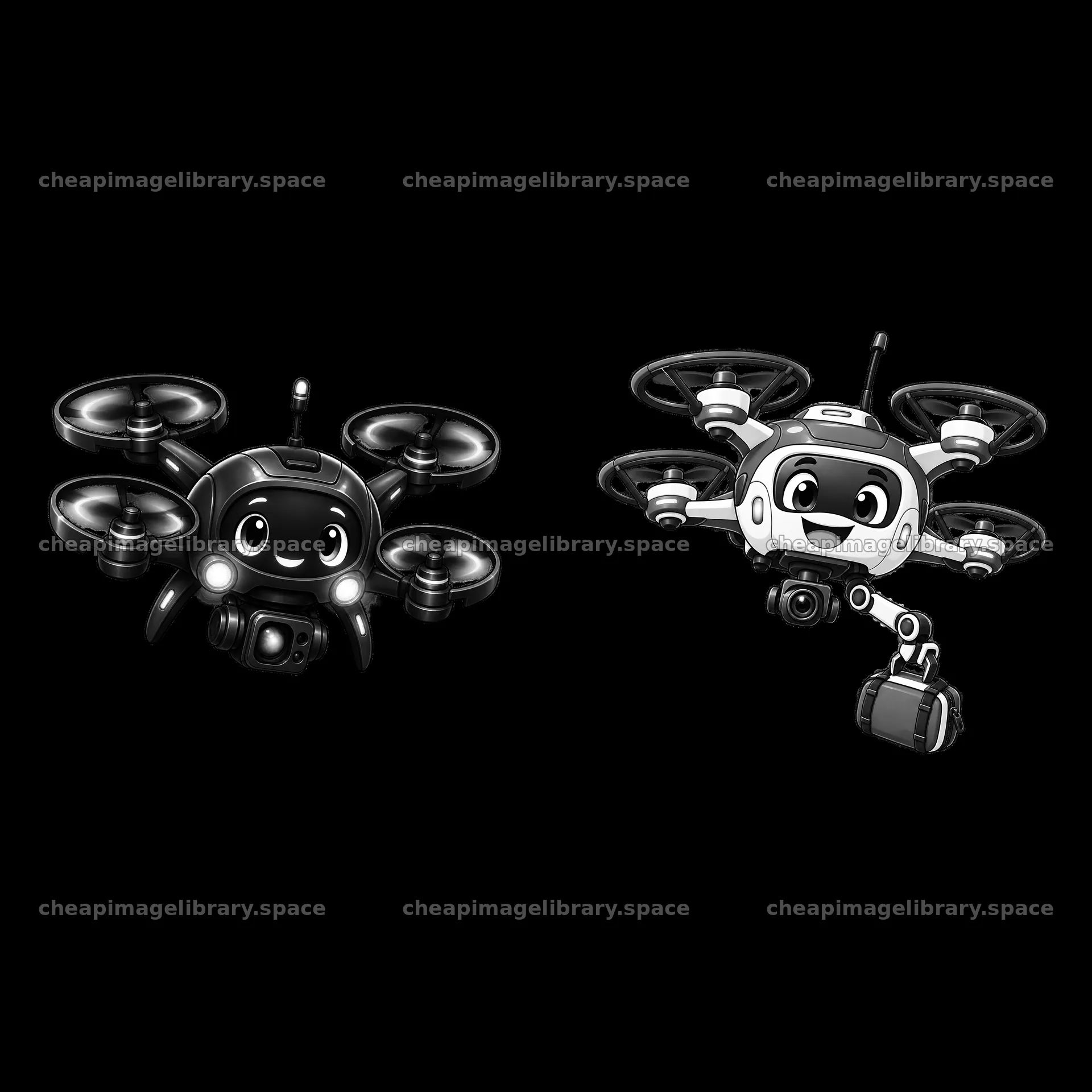Cartoon drones with cameras in black and white illustration – image library 7746x7746