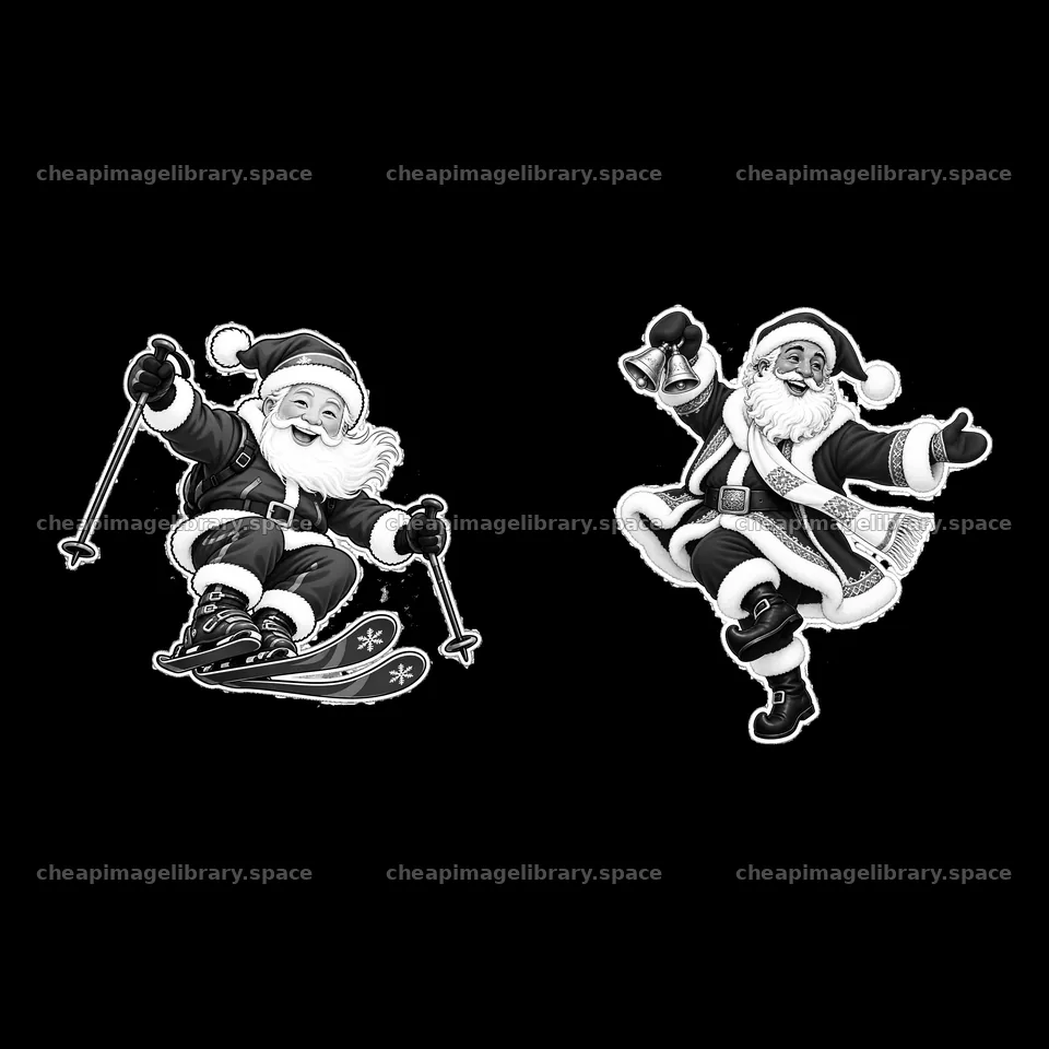 Santa Claus skiing and celebrating with a bell – image library 7746x7746