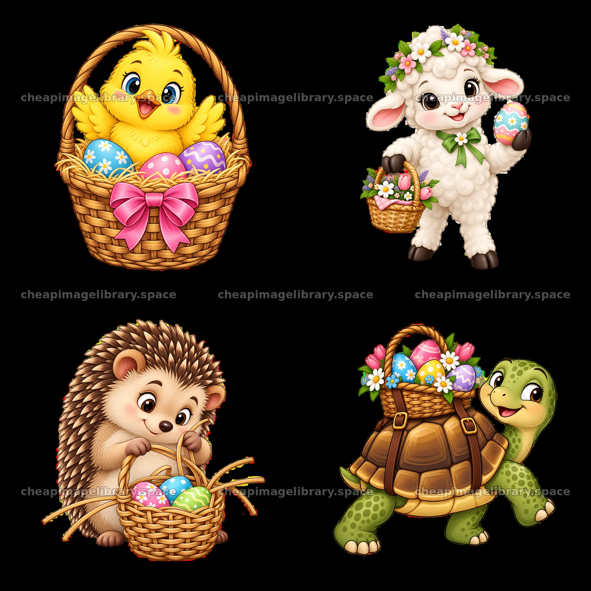 Easter basket characters with chick, lamb, hedgehog, and turtle – image library 7746x7746