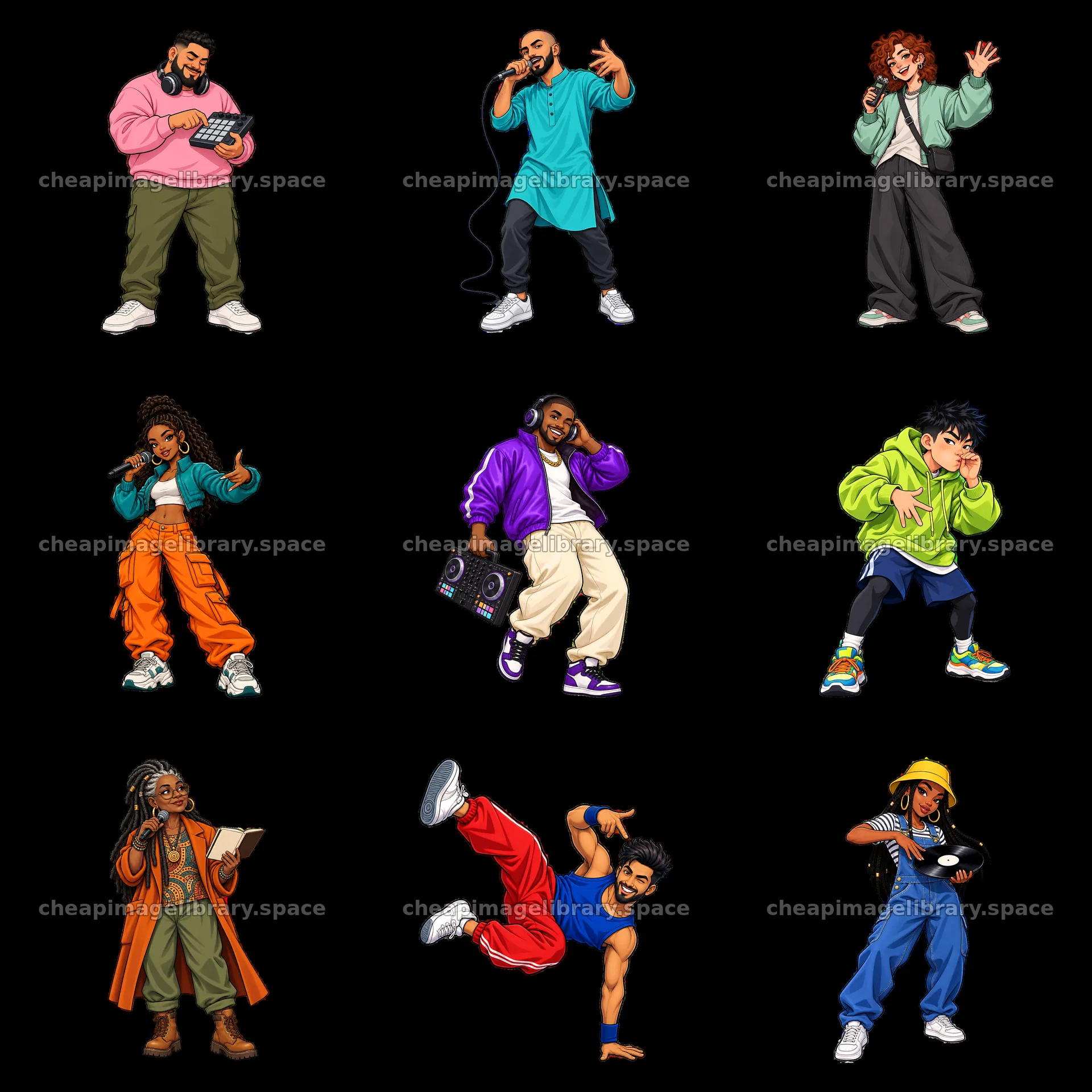 Hip-hop artists engaging in music activities in a grid layout – image library 7746x7746