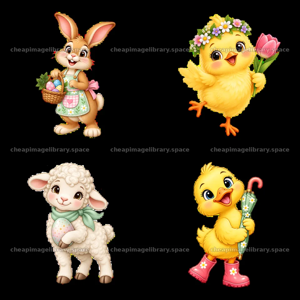 Easter meadow cartoon stickers with bunny, chick, lamb, and duckling – image library 7746x7746