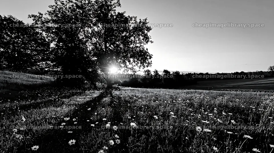 Sunlight shining through tree in daisy apple meadow – image library 10608x5938
