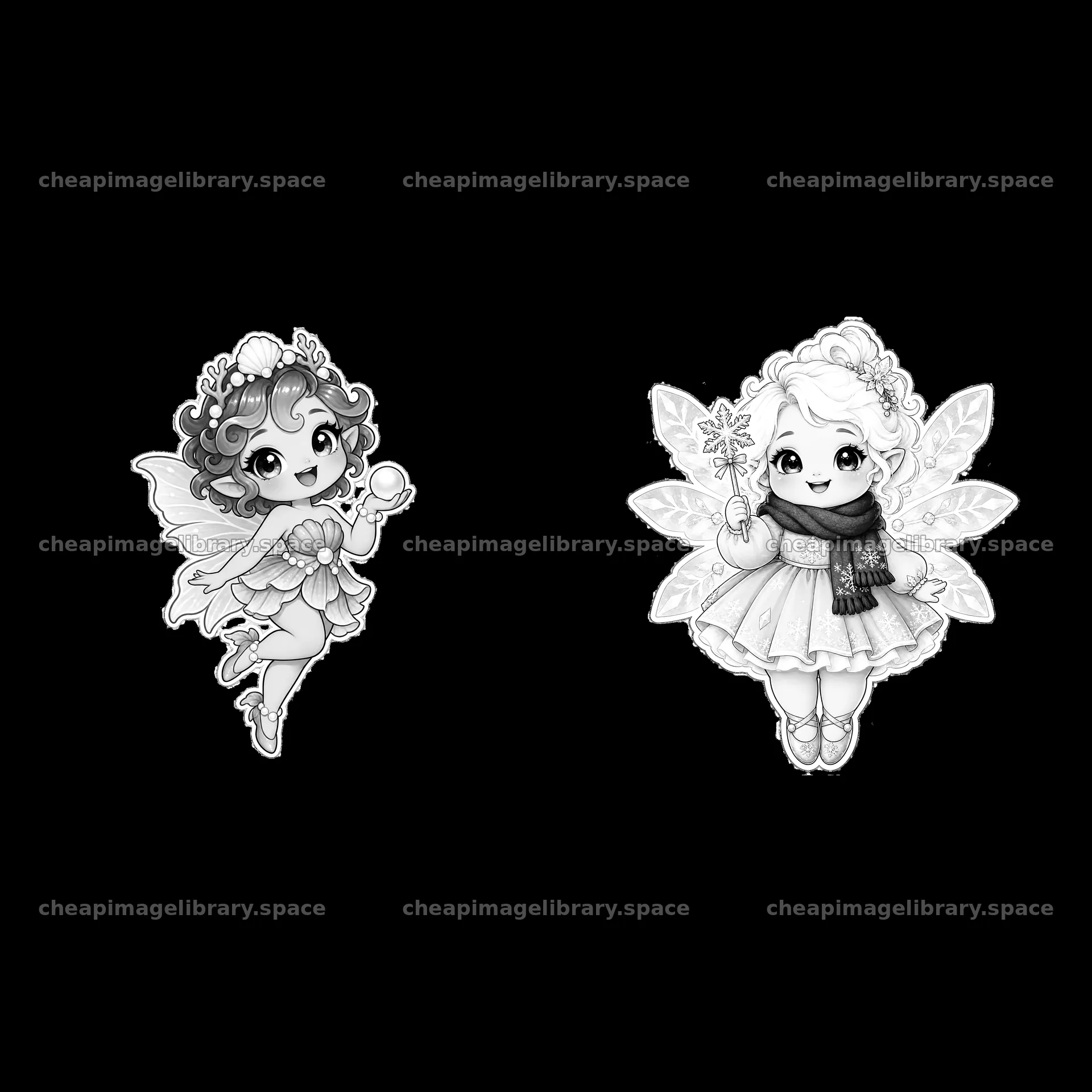Kawaii chubby fairies with accessories in playful poses – image library 7746x7746