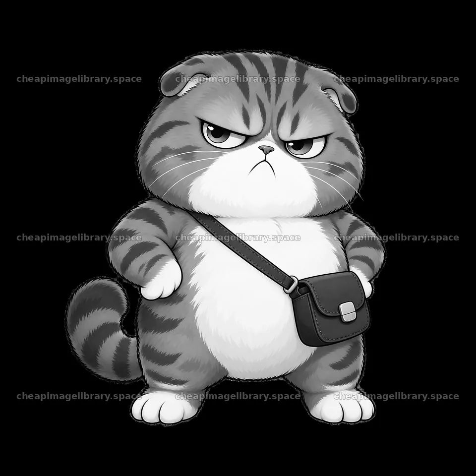 Kawaii grumpy cat with a small bag looking annoyed – image library 7746x7746
