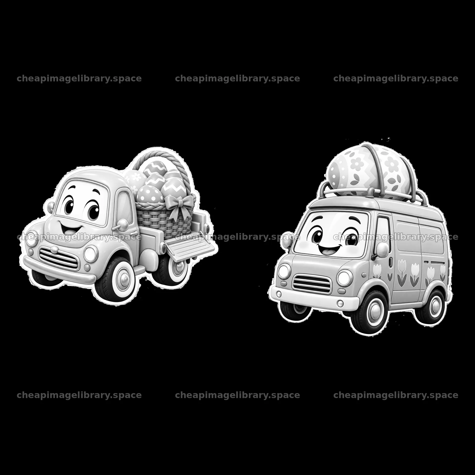 Easter themed car illustrations with decorated eggs and baskets – image library 7746x7746