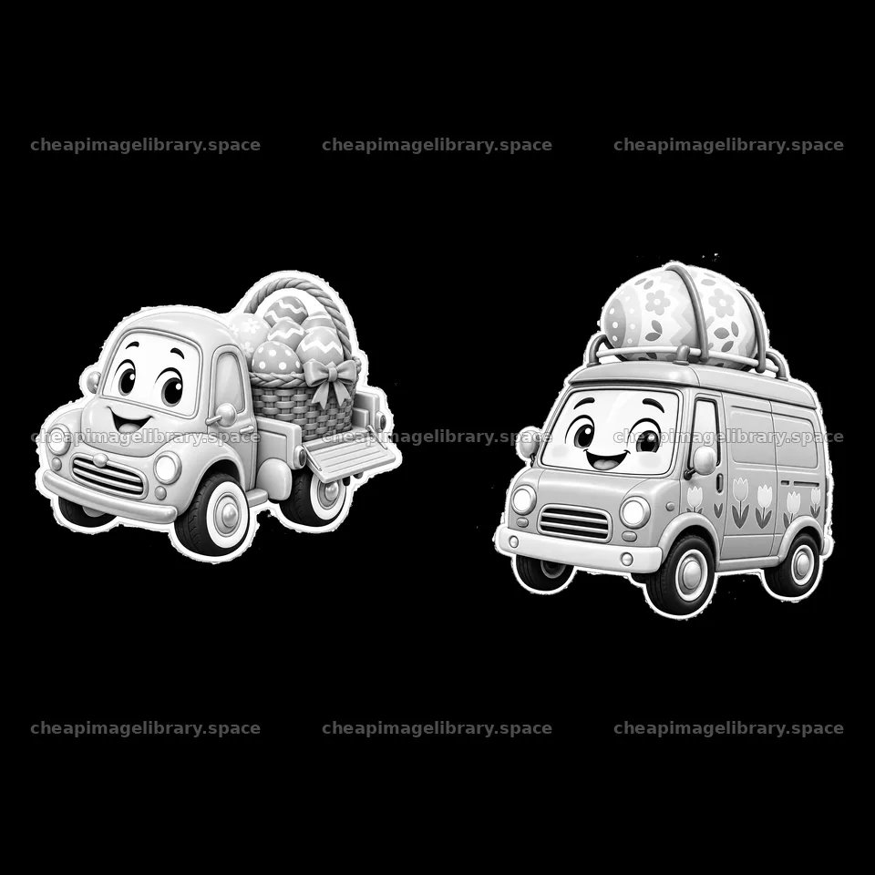 Easter themed car illustrations with decorated eggs and baskets – image library 7746x7746